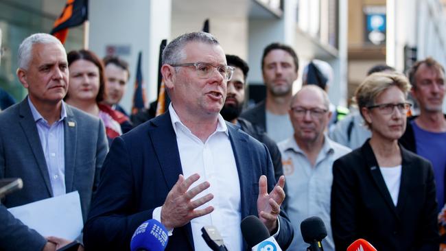 Workplace Relations Minister Murray Watt, with ACTU Secretary Sally McManus, has called out a Greens MP for taking part in the rally. Picture: NewsWire / Nikki Short