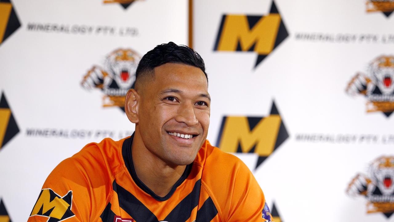 Israel Folau during a media conference which was held in Brisbane. Picture: NCA NewsWire/Tertius Pickard