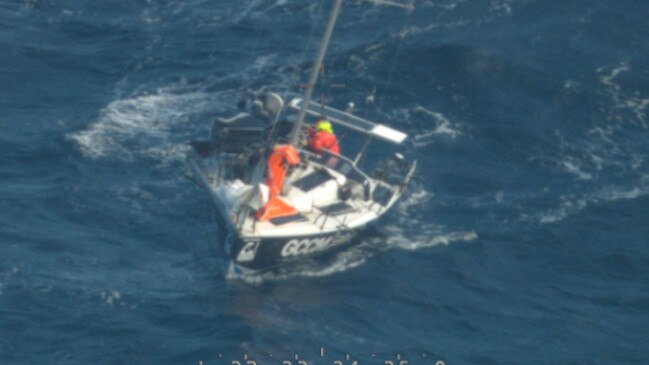 Xavierr Doerr's yacht in the Southern Ocean during rescue efforts on Saturday. Picture: Australian Maritime Safety Authority