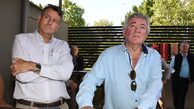 Decor Blinds owner Frank Cairns (right) and his divisional manager Brian Brown at a meeting this week of subcontractors out-of-pocket after the Ware Building Pty Ltd collapse. Photo: Steve Holland