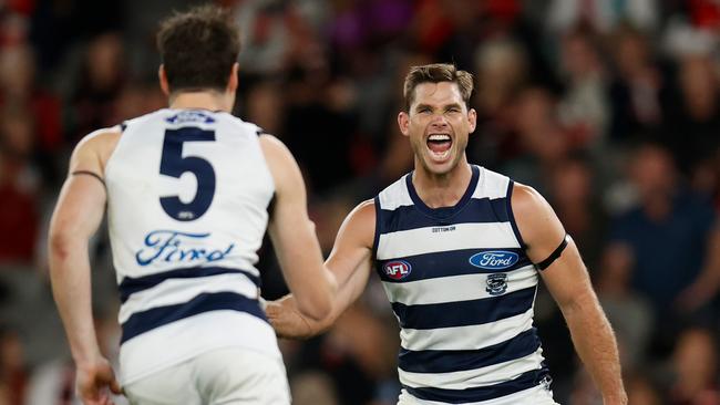 Tom Hawkins and Jeremy Cameron will be huge weapons in the preliminary final. Picture: Michael Willson/AFL Photos via Getty Images