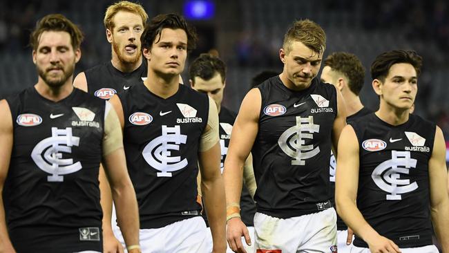 The Blues look dejected after losing to the Western Bulldogs. Picture: Getty Images