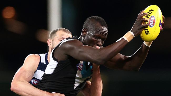 Aliir Aliir’s intercept marking became a major thorn in Geelong’s side in the 2021 second qualifying final at Adelaide Oval. Port smashed the Cats to move into the preliminary final.