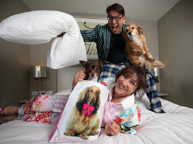 Sleepwear designer Peter Alexander and his mum Julette, and their dogs Midge and Butch. Picture: Alex Coppel