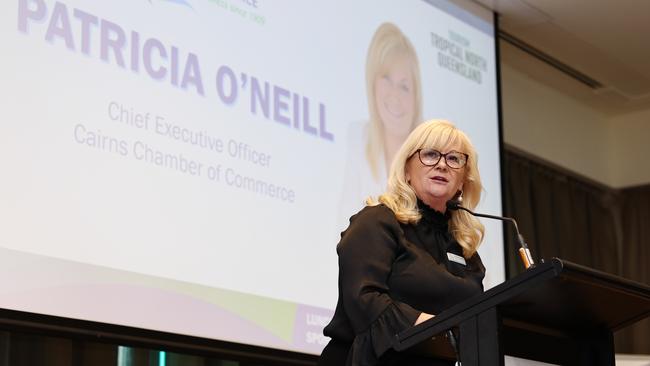 Cairns Chamber of Commerce chief executive Patricia O'Neill speaks at the 2024 Meet the Candidates: State Election Forum Lunch, hosted by the Cairns Chamber of Commerce and Tourism Tropical North Queensland at the Pullman Reef Hotel Casino. Picture: Brendan Radke