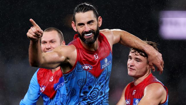 ADELAIDE, AUSTRALIA - MAY 19: Brodie Grundy of the Demons celebrates a goal during the 2023 AFL Round 10 match between Yartapuulti/Port Adelaide Power and Narrm/Melbourne Demons at Adelaide Oval on May 19, 2023 in Adelaide, Australia. (Photo by James Elsby/AFL Photos via Getty Images)