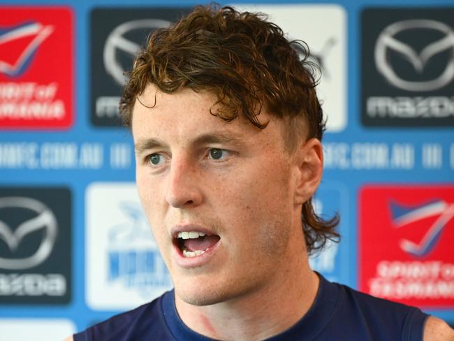 MELBOURNE, AUSTRALIA - DECEMBER 09: Nick Larkey of the Kangaroos speaks to the media during a North Melbourne Kangaroos AFL training session at Arden Street Ground on December 09, 2024 in Melbourne, Australia. (Photo by Quinn Rooney/Getty Images)