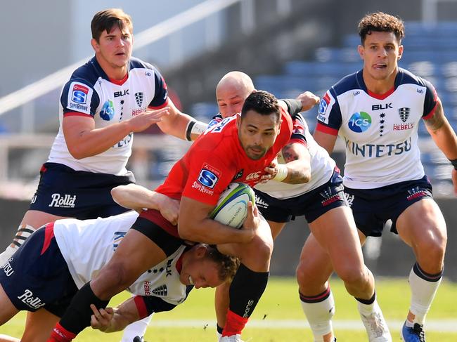 The Sunwolves’ Ben Te'o takes on the Rebels defence on Saturday. Picture: Getty Images