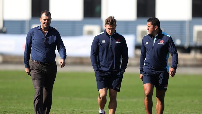 (L-R) Wallabies coach Michael Cheika, Waratahs captain Michael Hooper and NSW Waratahs coach Daryl Gibson. Picture: Brett Costello