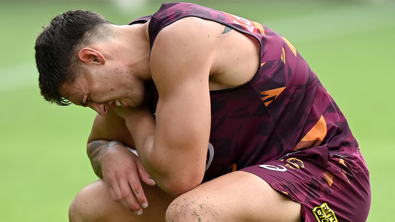 Jordan Riki hurt his shoulder at Broncos training. Picture: Bradley Kanaris/Getty Images