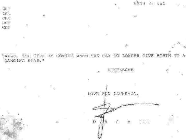 Ferguson’s second letter with the word ‘cnt’ repeated and the sign-off ‘love and leukemia’ written in 1990 to Candace Sutton.