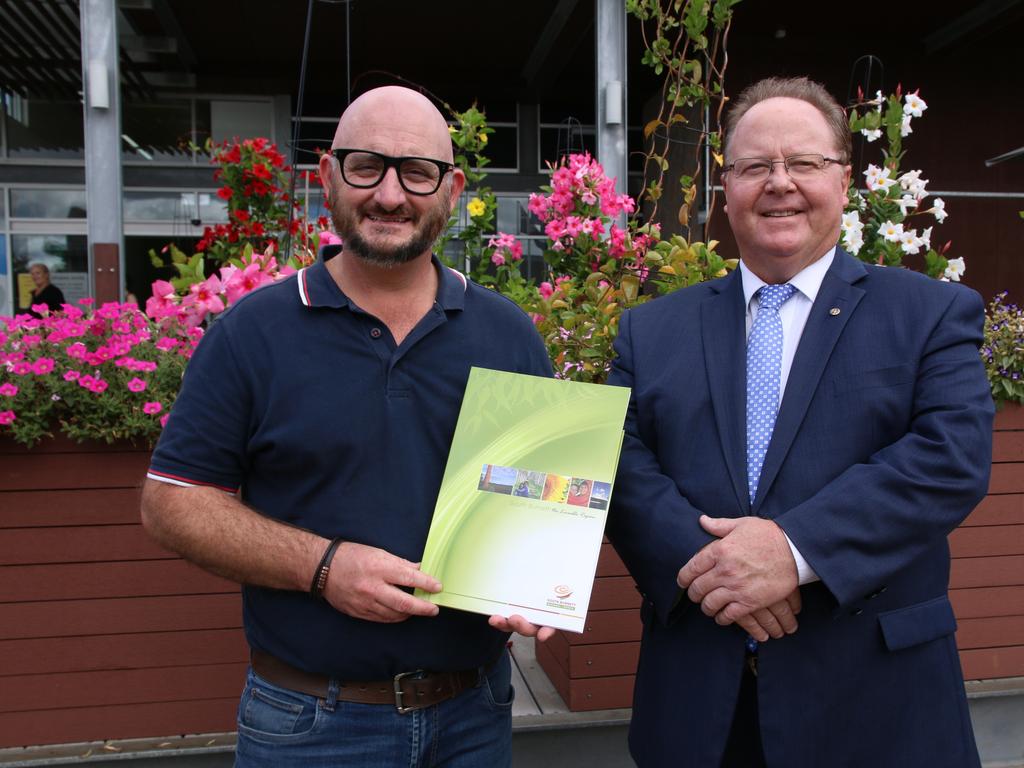 Kingaroy Chamber of Commerce and Industry President Damien Martoo with South Burnett Regional Council Mayor Brett Otto. Photo/Holly Cormack.