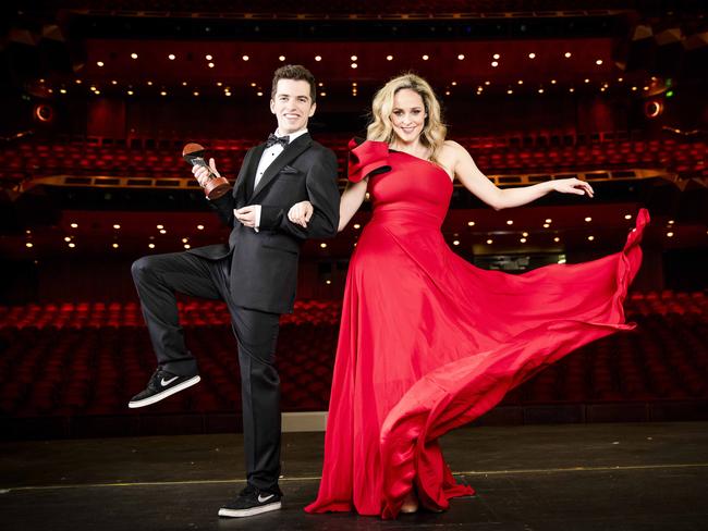 William McKenna and Charlie and the Chocolate Factory actor Lucy Maunder glam up ahead of the Helpmann awards. Picture: Nicole Cleary