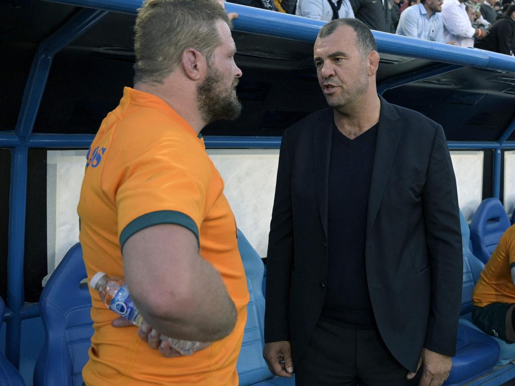 Michael Cheika (R) and Wallabies prop James Slipper. Picture: Juan Mabromata.