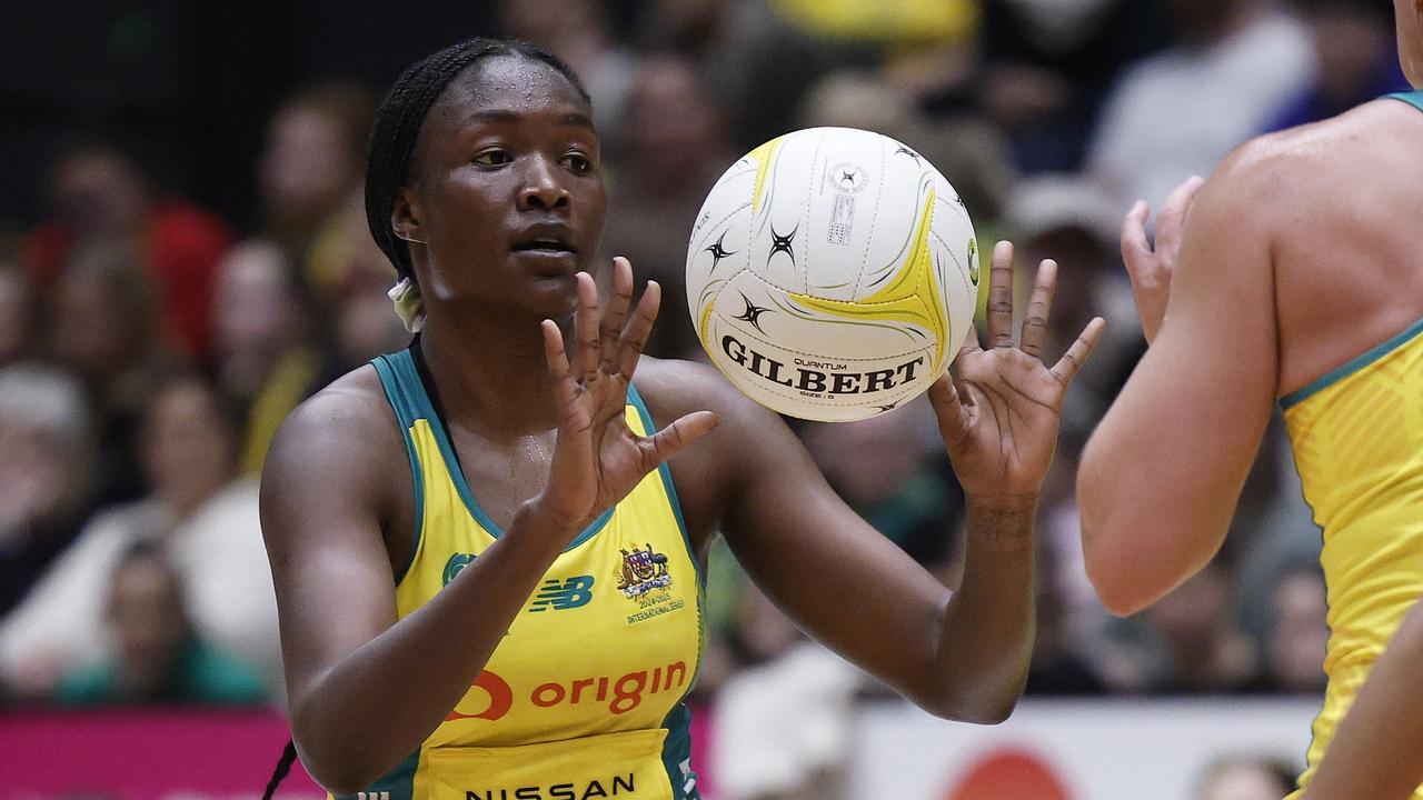 Sunday Aryang has played on towering shooter Jhaniele Fowler at training for years and will be integral to any Diamonds turnaround. Picture: Getty Images