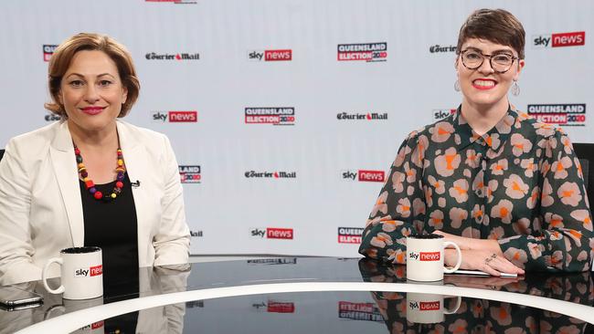 Labor’s Jackie Trad and the Greens’ Amy MacMahon during the Sky News/Courier-Mail South Brisbane debate. Picture: Peter Wallis