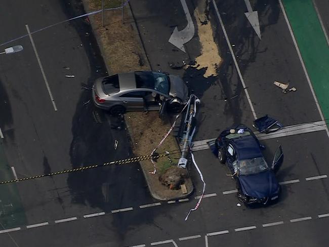 Lygon St / Elgin St Carlton car crash accident- chopper stills. Supplied: 7News