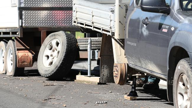 Tasmanian Police investigate numerous cars that had their tyres slashed on Lochner Street, West Hobart overnight. Picture: Zak Simmonds