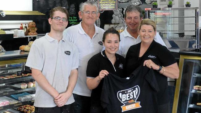 Josh Williams, Clete Rayner, Carley Mofat, Kerry Moffat and Barb Moffat at the Gracemere Bakery. Picture: Jann Houley