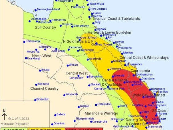 BoM predicts severe thunderstorms to keep hitting much of Queensland across Boxing Day 2023. Picture: Bureau of Meteorology