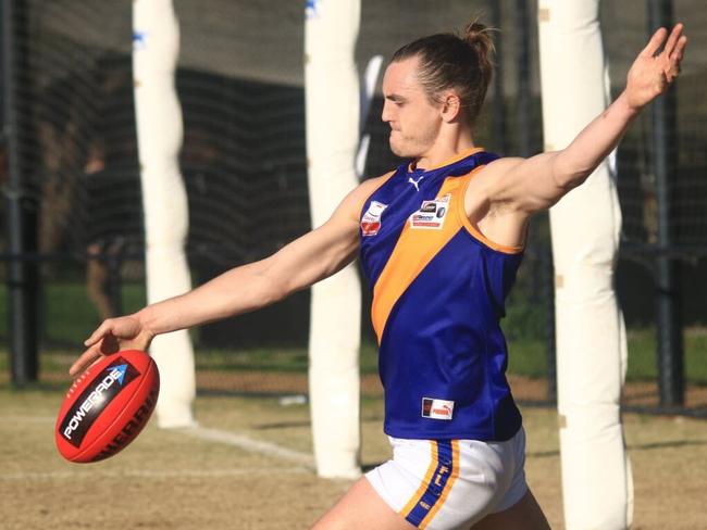 Lilydale player Brandon Droessler kicks the ball in the Eastern Football League (EFL). Picture: Davis Harrigan