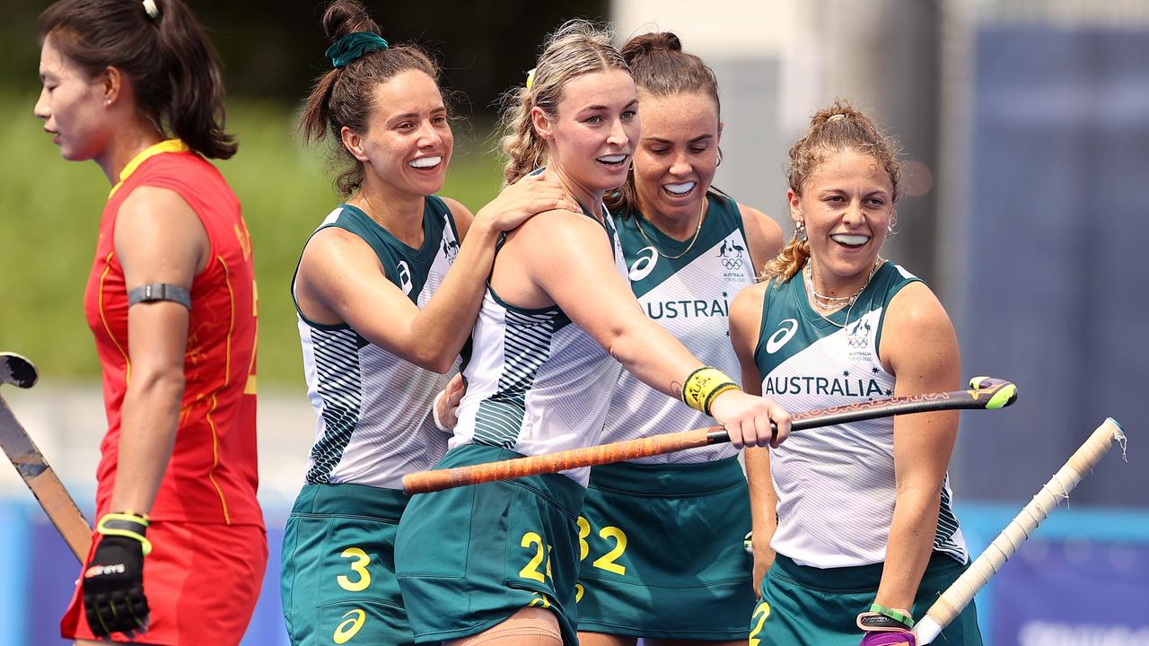 Ambrosia Malone is congratulated by her teammates after scoring a goal against Team China. Picture: Getty Images