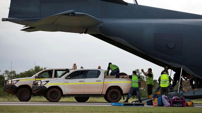 Imagery of Borroloola residents being evacuated from their flood-hit town on an ADF aircraft in March.