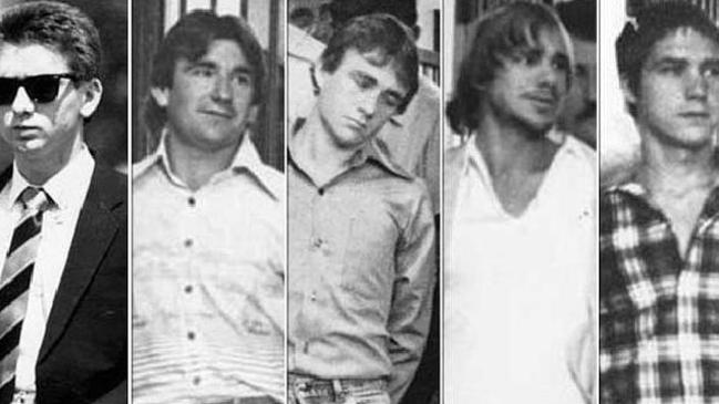 The five criminals convicted over the murder of Anita Cobby in 1986. From left: John Travers, Michael Murphy, Leslie Murphy, Gary Murphy and Michael Murdoch.