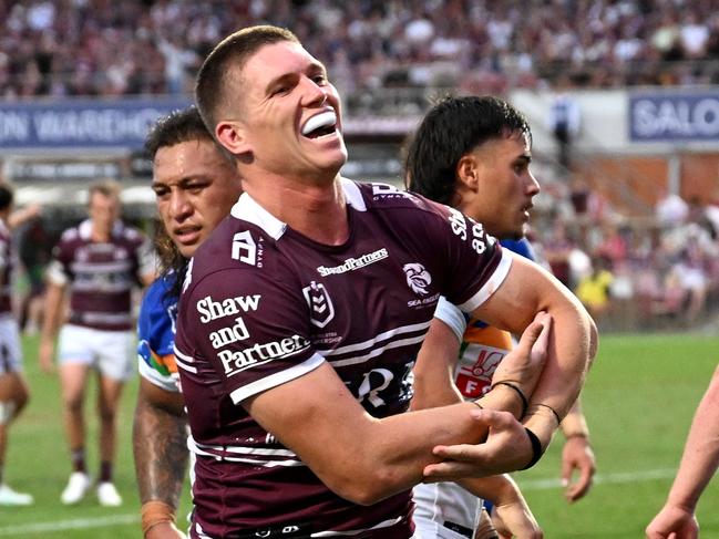 Reuben Garrick celebrates one of his four tries. Picture: NRL Photos