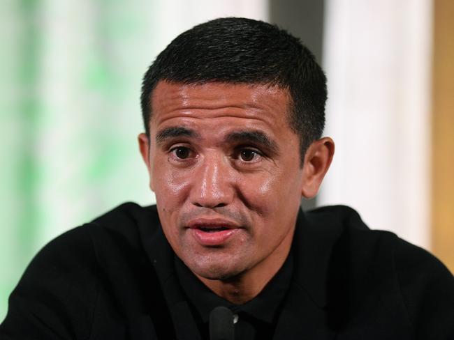 Socceroos player Tim Cahill speaks to the media after announcing his retirement from Australian representative football, in Sydney, Friday, July 20, 2018. (AAP Image/Joel Carrett) NO ARCHIVING