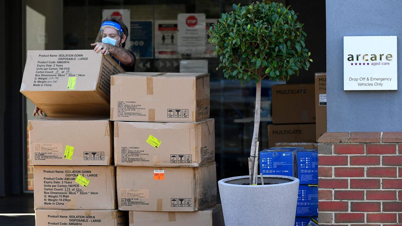 Medical supplies delivered to an aged care facility in the Melbourne suburb of Maidstone. Picture: AFP