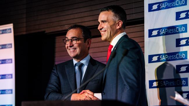 Premier Steven Marshall and opposition leader Peter Malinauskas shake hands before the SA Press Club debate. Picture: NCA NewsWire / Morgan Sette