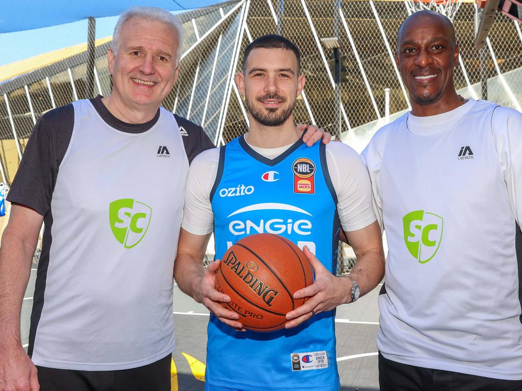 Chris Goulding was joined legends Andrew Gaze and Lanard Copeland at the NBL SuperCoach Launch. Picture: Brendan Beckett