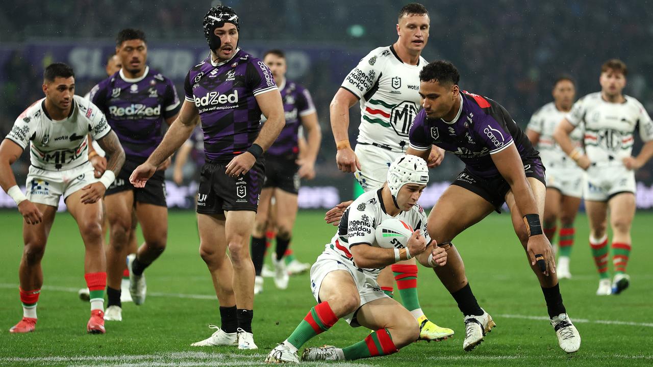 The Rabbitohs and Storm in action once the game got underway. (Photo by Robert Cianflone/Getty Images)