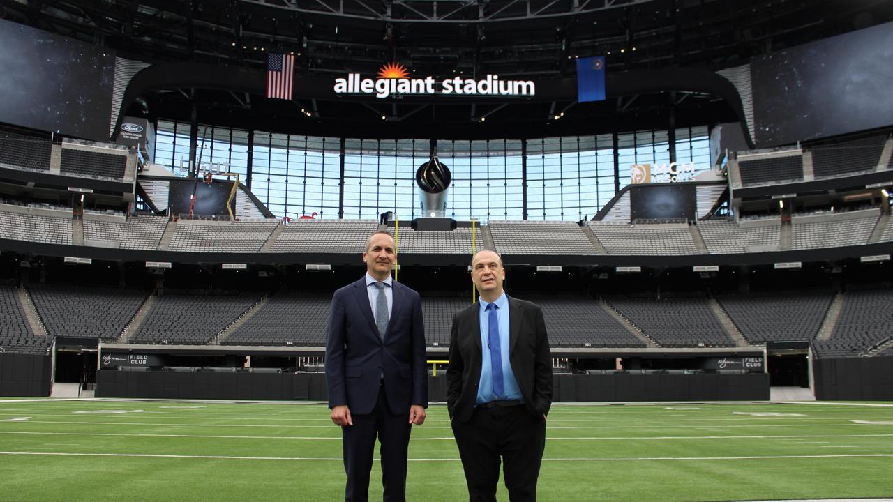 NRL chief executive Andrew Abdo with Peter V’landys at Allegiant Stadium in Las Vegas. Credit: Supplied.