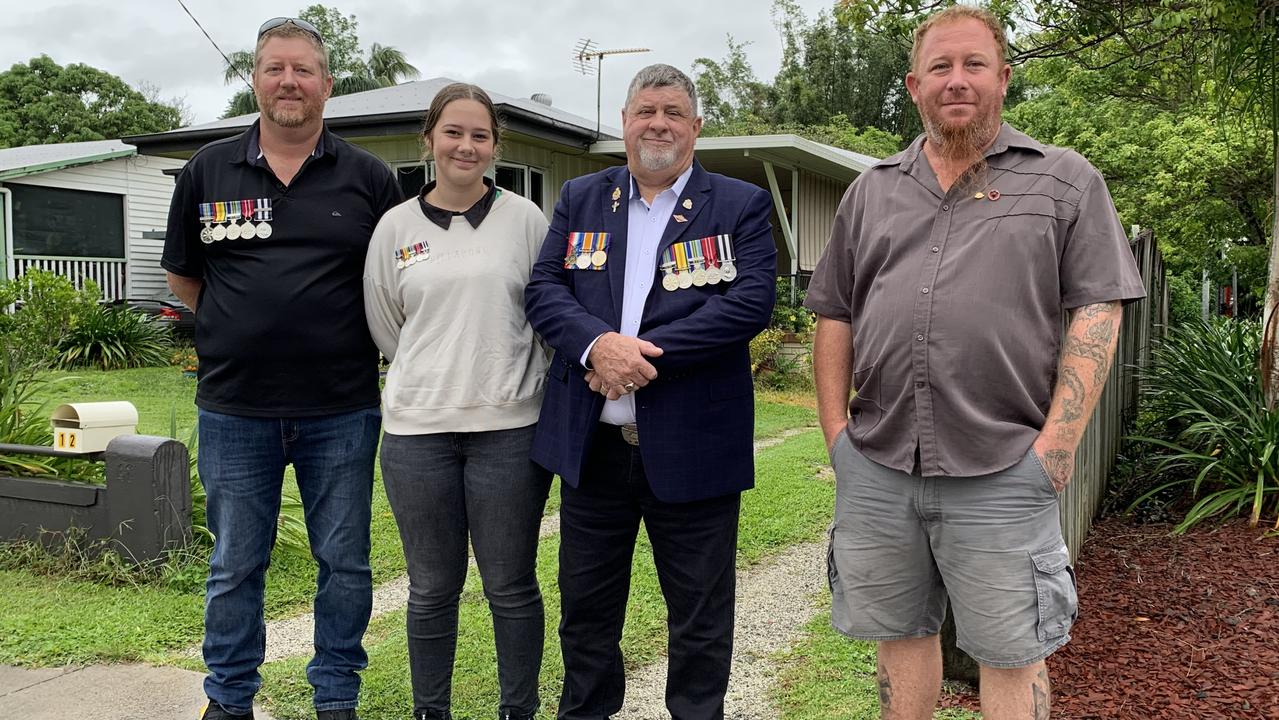 (From left to right) Adam Greaves, Sophie Greaves, Glen Greaves and Michael Wallace attend the Anzac Day march in Walkerston on April 25, 2022. Picture: Duncan Evans