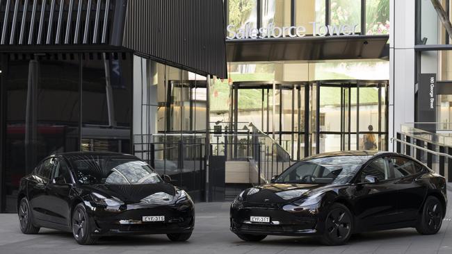 The Teslas are available for staff at Sydney's Salesforce Tower to rent. Picture: Outbound.