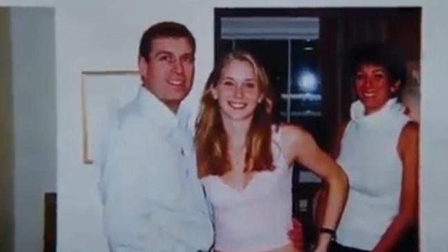 Prince Andrew, Virginia Roberts Giuffre and Ghislaine Maxwell inside Maxwell’s London Mews home Picture: Screengrab / Channel 9 / 60 Minutes