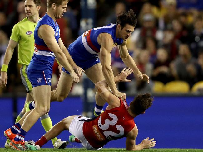 Tomas Bugg was slung to the ground by Easton Wood before the first bounce. Picture: Getty