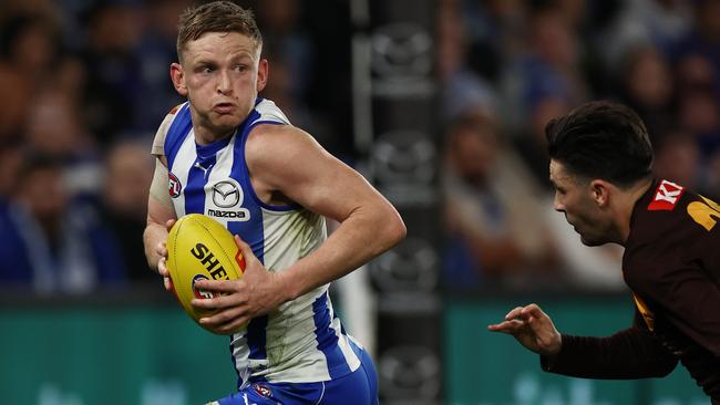 MELBOURNE, AUSTRALIA - July 16. AFL. Jack Ziebell of the Kangaroos during the round 18 AFL match between North Melbourne and Hawthorn at Marvel Stadium, on July 16, 2023, in Melbourne, Australia. Photo by Michael Klein.