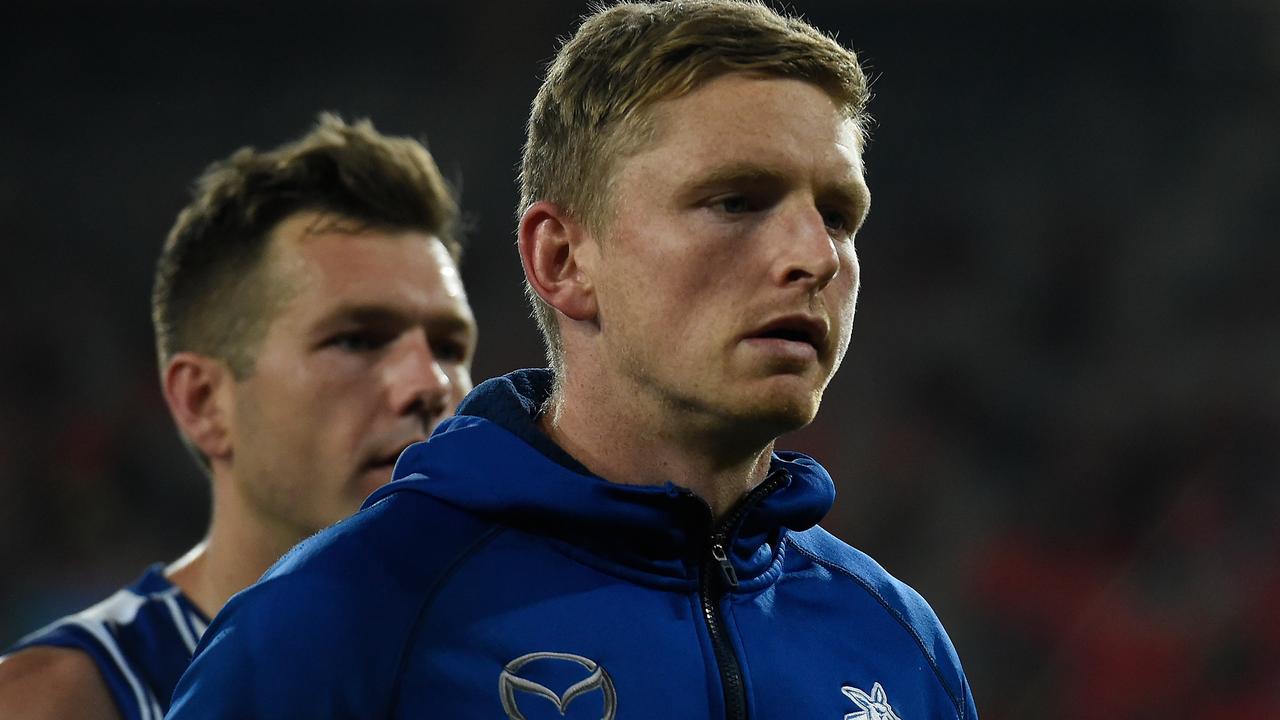 Jack Ziebell of the Kangaroos looks dejected . (Photo by Matt Roberts/AFL Photos/via Getty Images)