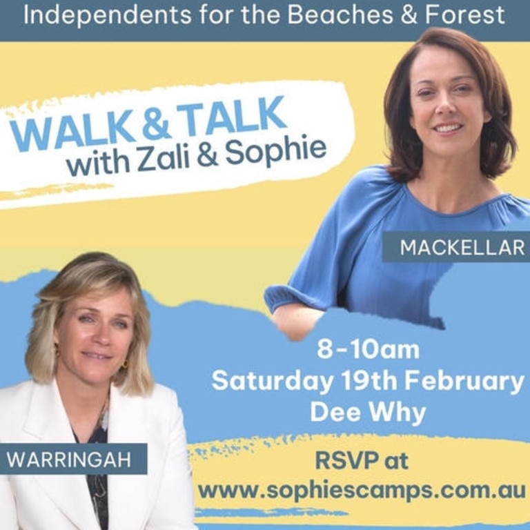 A poster for the "Walk &amp; Talk" with Zali Steggall and Sophie Scamps on Dee Why Beach. Picture: Supplied