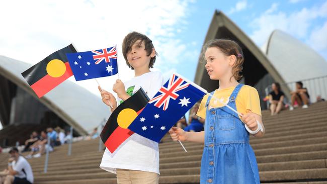 Quentin and Imogen Mansfield, 9 and 6, celebrated our national day on the Opera House steps last year. Picture: Christian Gilles / NCA NewsWire