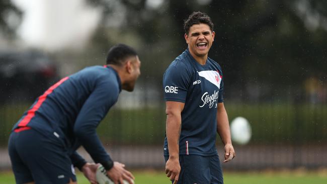 Latrell Mitchell is all smiles during a Roosters training session. Picture: Brett Costello