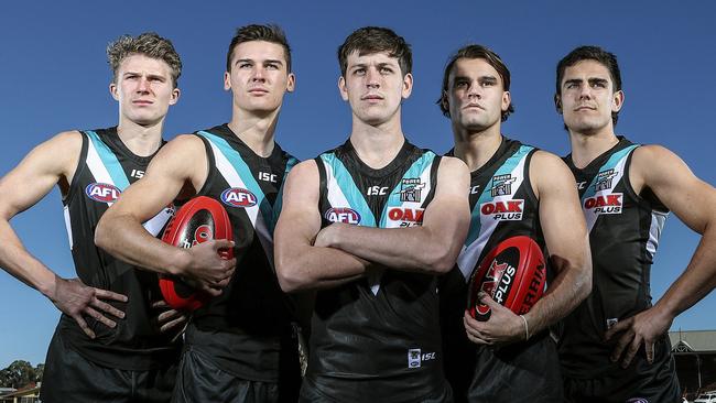 Xavier Duursma, Connor Rozee, Zak Butters, Jake Patmore and Joel Garner have all signed contract extensions to stay at Port Adelaide. Picture SARAH REED