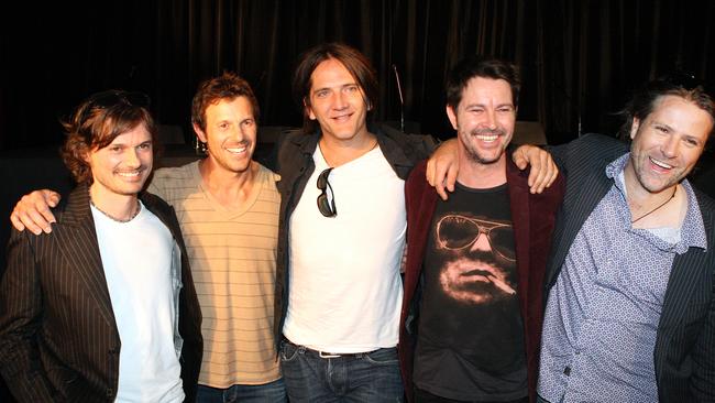 Darren Middleton, Jon Coghill, Ian Haug, Bernard Fanning and John Collins at the Annandale Hotel, Sydney to announce their Sunsets farewell tour. Picture: News Corp Australia.