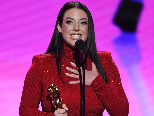 Angela White accepts the award for Female Performer of the Year during the 2019 Adult Video News Awards. Picture: Ethan Miller/Getty Images