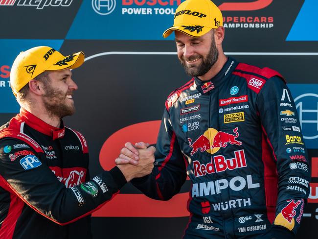 PERTH, AUSTRALIA - APRIL 29: (EDITORS NOTE: A polarizing filter was used for this image.) (L-R) Brodie Kostecki driver of the #99 Coca-Cola Racing Chevrolet Camaro ZL1 and Shane van Gisbergen driver of the #97 Red Bull Ampol Racing Chevrolet Camaro ZL1 during race 1 of the Perth Supersprint, part of the 2023 Supercars Championship Series at Wannero Raceway on April 29, 2023 in Perth, Australia. (Photo by Daniel Kalisz/Getty Images)