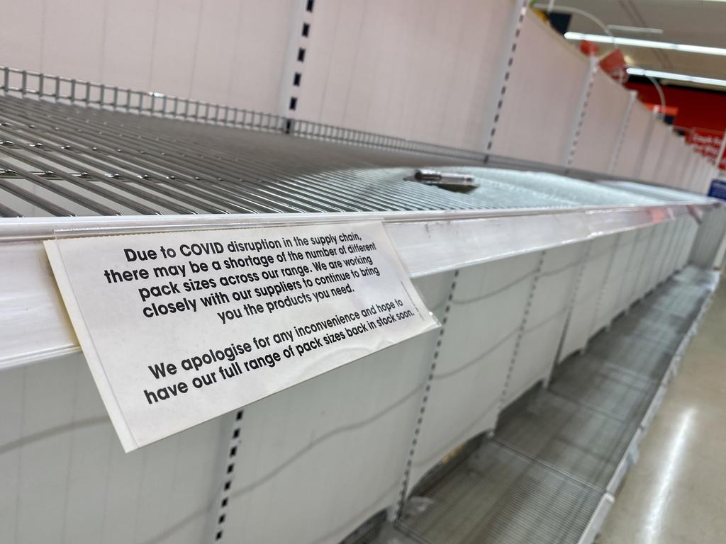 Shelves in the toilet paper section are seen empty. Picture: Sarah Marshall/NCA NewsWire