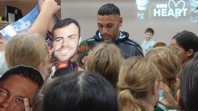 Cronulla Sharks NRL players Jesse Ramien (pictured) and Matt Moylan visit Mary Help of Christians Primary School at Coffs Harbour ahead of Indigenous Round match against Newcastle Knights. Visit was on May 17, 2023. Picture: Chris Knight